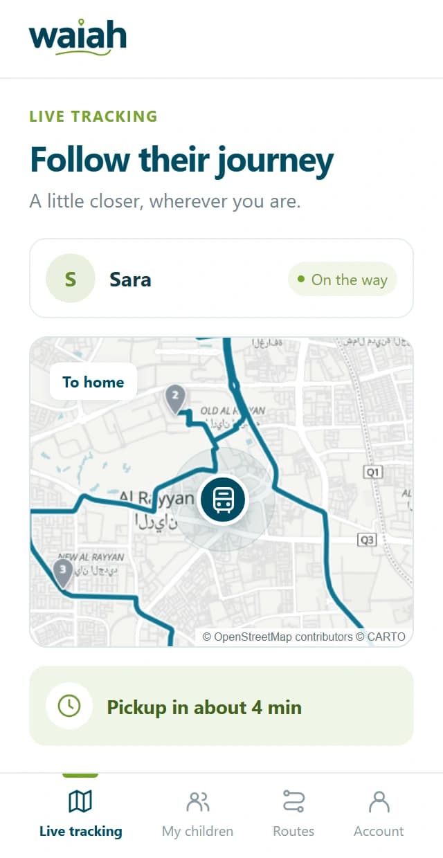 Illustrative parent Live tracking screen showing a sample child, a road map, the vehicle route and an example pickup estimate.
