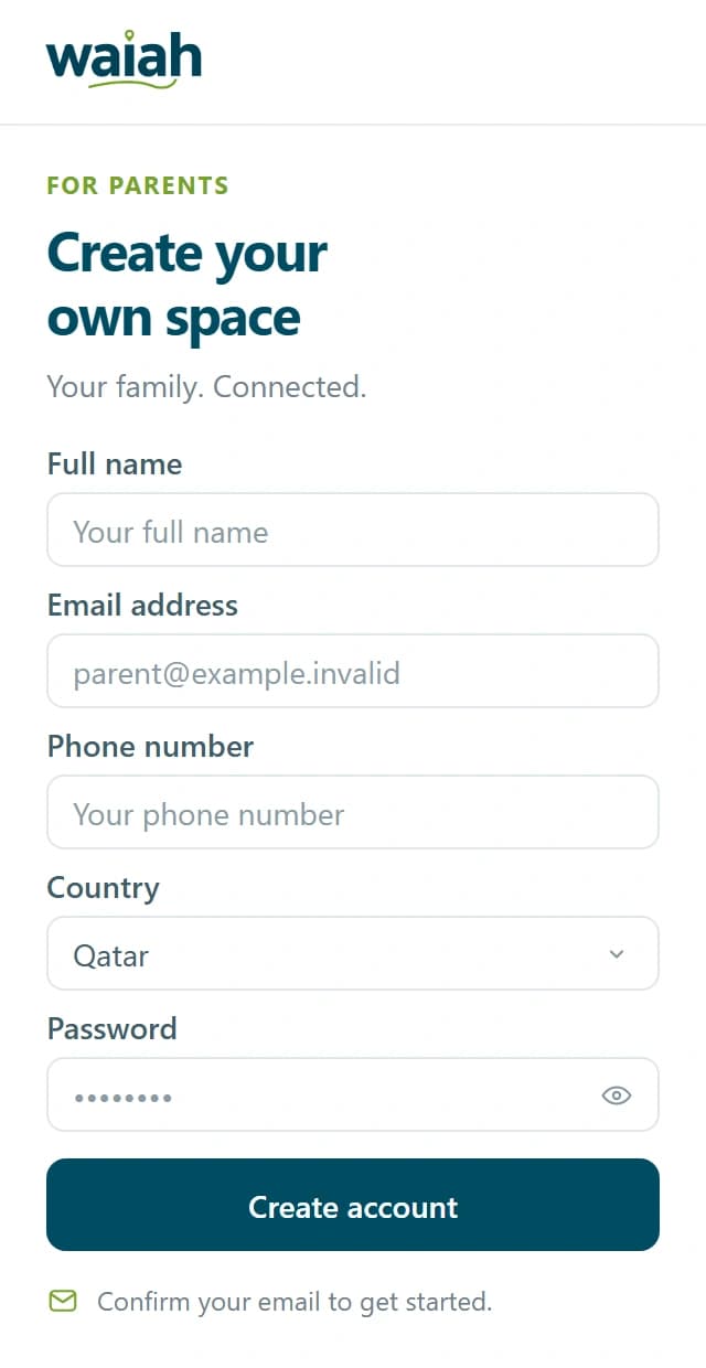 Parent account example: full name, email, phone, country and password, with a Create account button and email confirmation reminder.