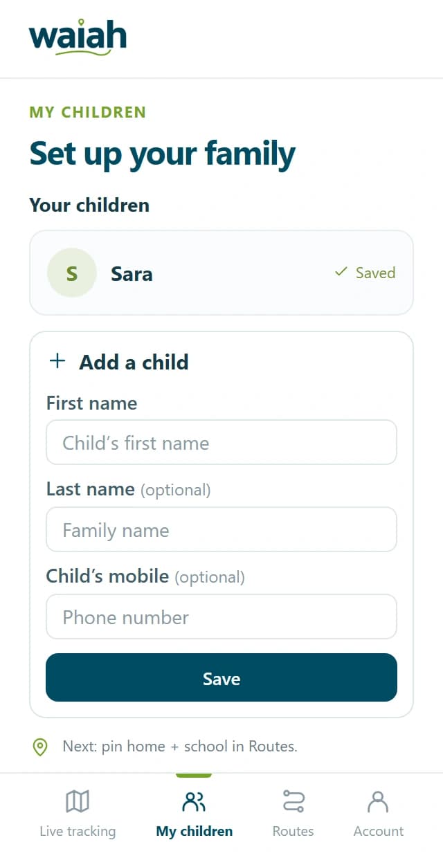 Family setup example showing Your children and an Add a child form, with first name, optional last name and mobile, and a Save button.